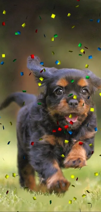 Cute puppy running through colorful confetti on green grass.