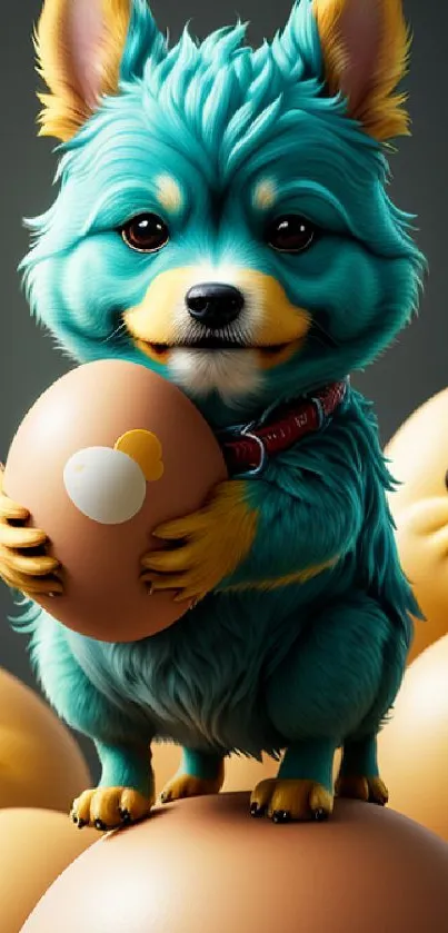 Teal puppy holding an egg with playful figures in a whimsical mobile wallpaper.