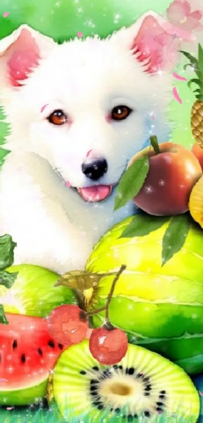 Playful white puppy with colorful fruits and green background.