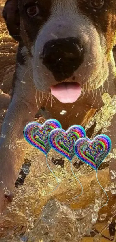 Cute puppy with rainbow heart balloons and water splash.