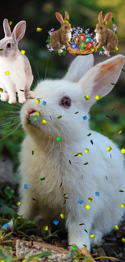 Playful rabbit with confetti on a vibrant mobile wallpaper.