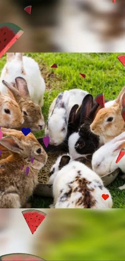 Group of rabbits eating on grass with watermelon and heart shapes.