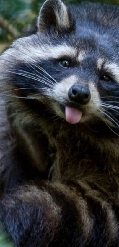 Playful raccoon sticking out tongue in a forest setting for mobile wallpaper.