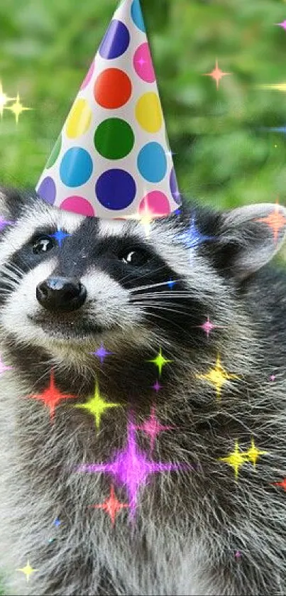 Raccoon wearing party hat with green background.