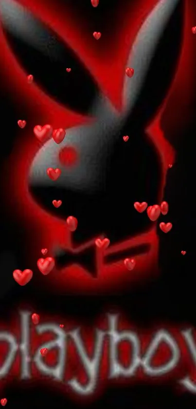 Mobile wallpaper with red bunny and hearts on black background.