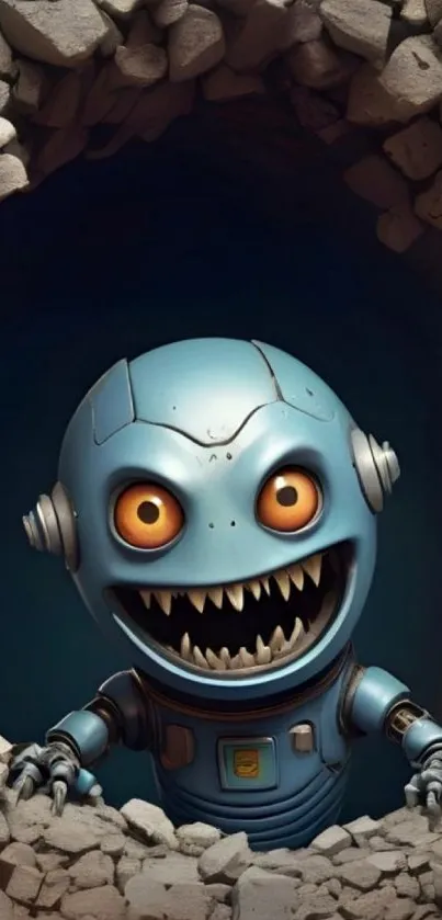 Playful robot peeking through rocky wall.