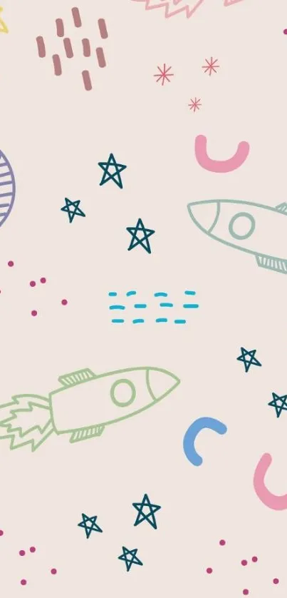 Playful pastel rocket pattern wallpaper with stars and planets.