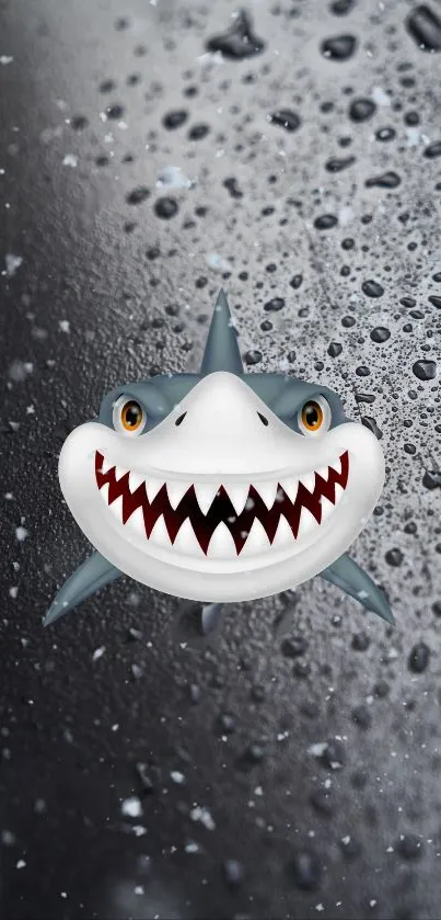 Cartoon shark with wide smile on raindrop background.