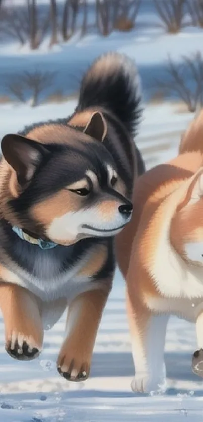 Two Shiba Inu dogs playing in the snow.