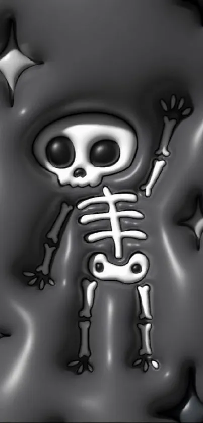 Playful skeleton and stars on gray background wallpaper.