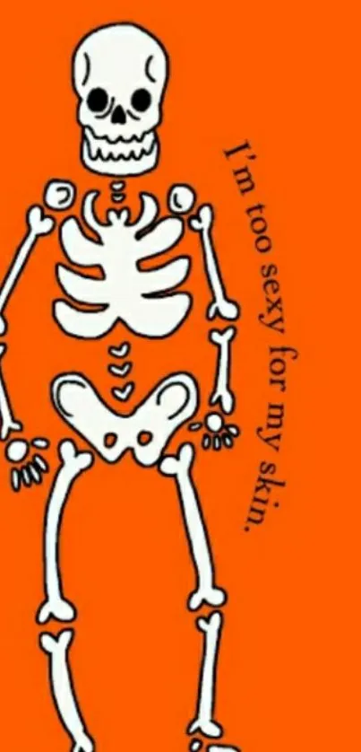 Playful skeleton illustration on orange background with funny caption.