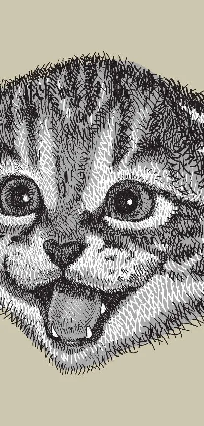 Playful hand-drawn sketch of a cat in monochrome tones as a mobile phone wallpaper.