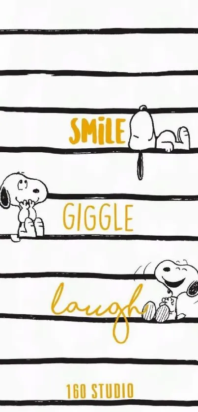 Playful Snoopy wallpaper with stripes and text: Smile, Giggle, Laugh.