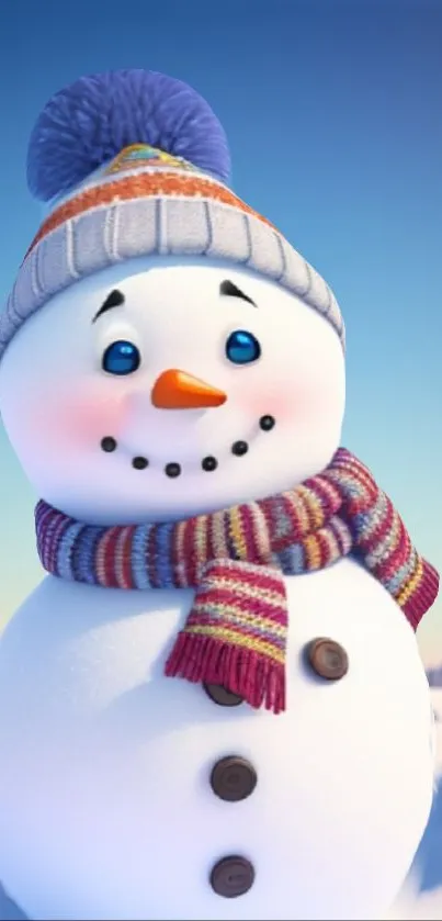 Snowman in colorful scarf and hat, under a bright winter sky.