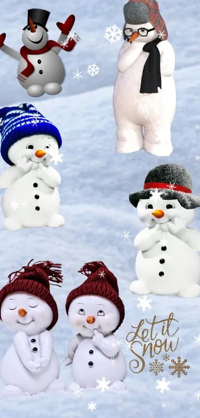 Snowmen with hats on a light blue snowy background.