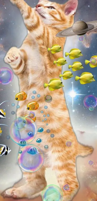 Whimsical cat in cosmic setting with bubbles and fish.