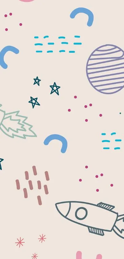 Playful doodle wallpaper with rockets and stars on beige background.