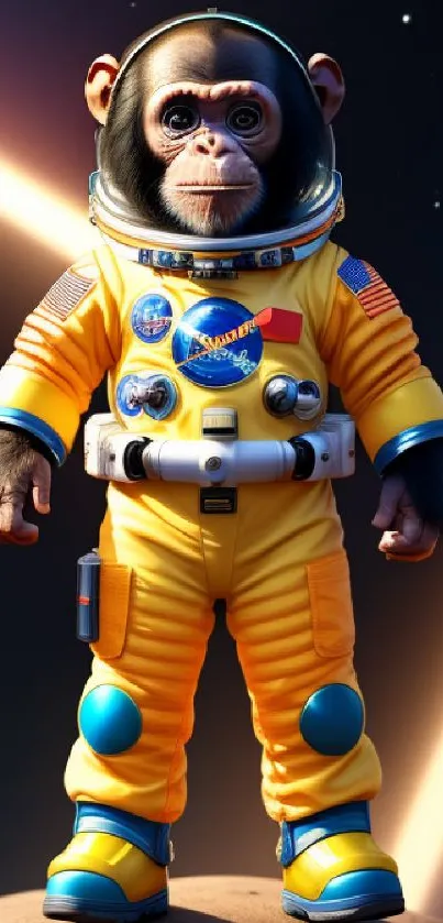 Chimp in astronaut suit on cosmic background.