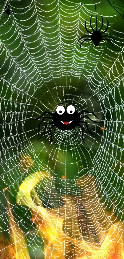 Cartoon spider on a vibrant web with green background.