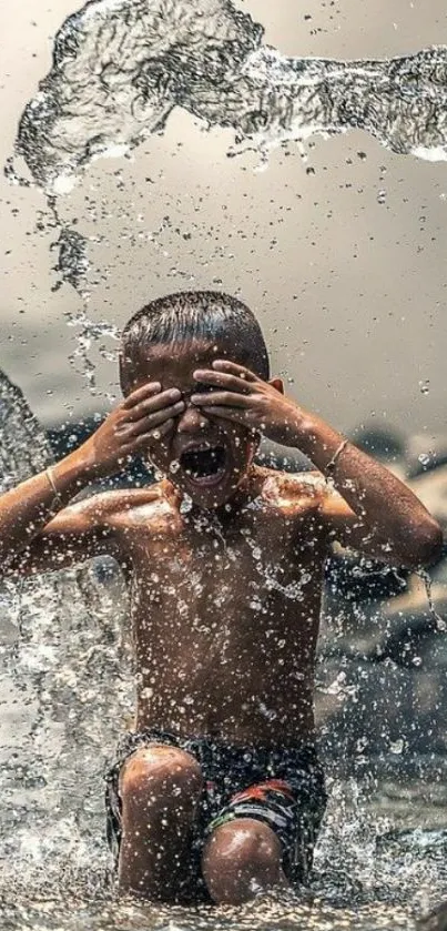 Child joyfully playing in water splash.