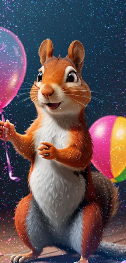 Cheerful squirrel holding colorful balloons on a wooden floor.