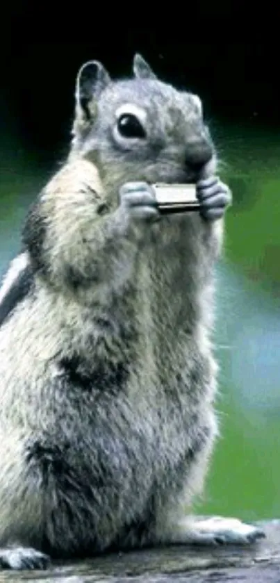 Squirrel playing harmonica against greenery.