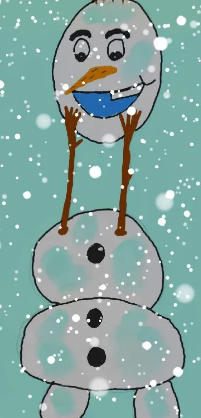 Playful snowman illustration with teal background and snowfall.