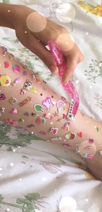 Colorful stickers on a leg in a playful wallpaper design.