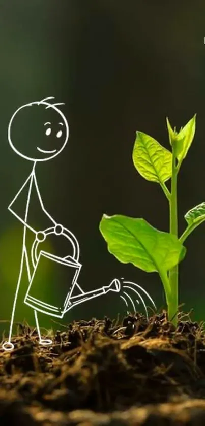 Stickman cartoon watering a sprouting green plant in nature.