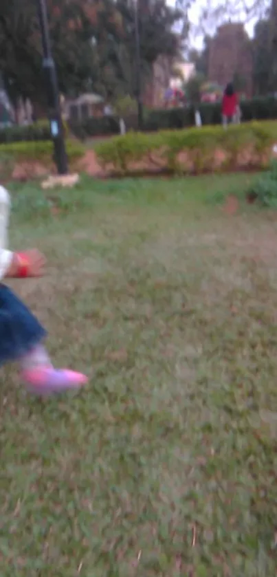 Toddler running through a green garden with vivid colors.