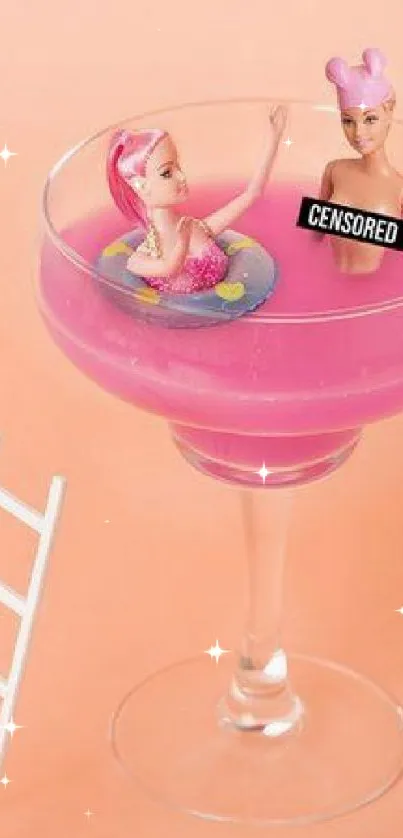 Toy figures in pink cocktail with peach background