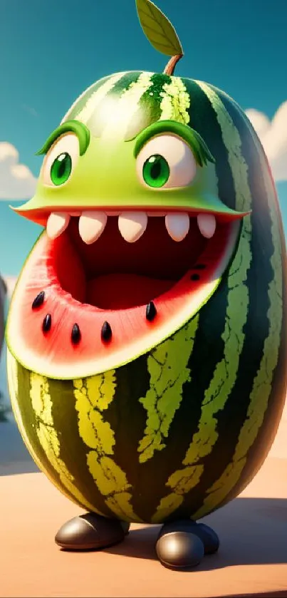 Whimsical cartoon watermelon character with vivid colors.