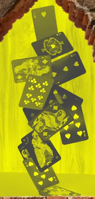 Yellow playing cards abstract art with brick frame for mobile wallpaper.