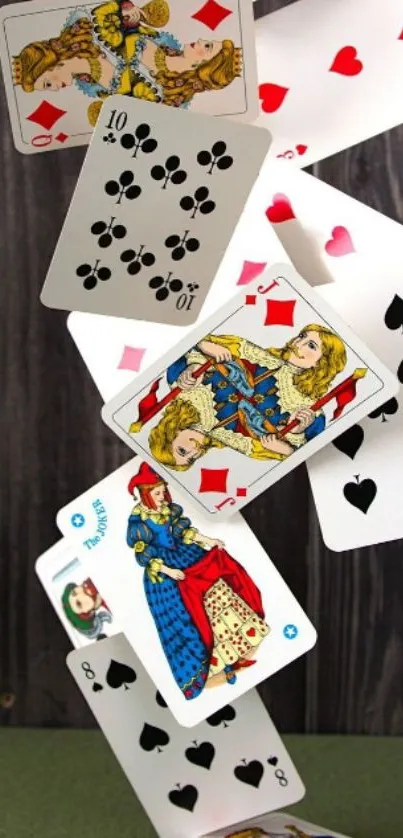 Artistic wallpaper of cascading playing cards.