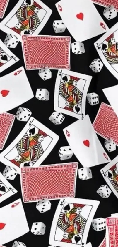Playing cards and dice pattern on black background.