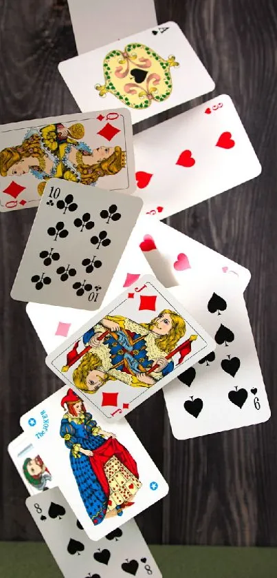 Dynamic mobile wallpaper with playing cards cascading elegantly.