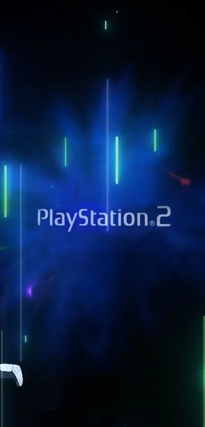 PlayStation 2 wallpaper with neon blue light streaks and glowing effects.