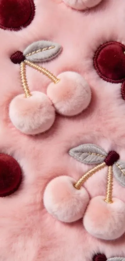 Plush cherry design wallpaper with soft pink textures and vibrant red cherries.