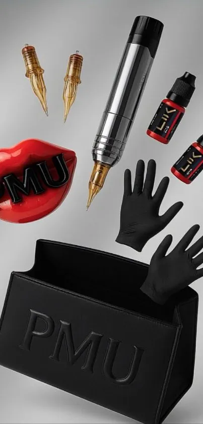 PMU tattoo tools with lips, ink, gloves on gray background.