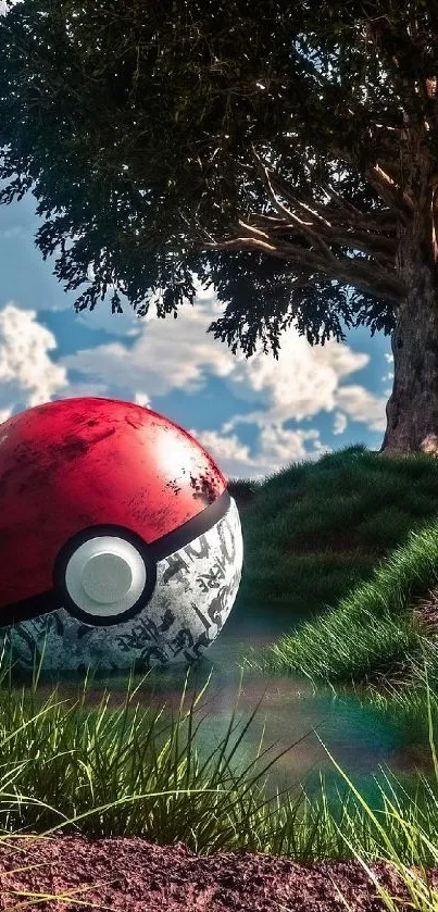 Vibrant red Pokeball in lush outdoor grass under a serene blue sky.