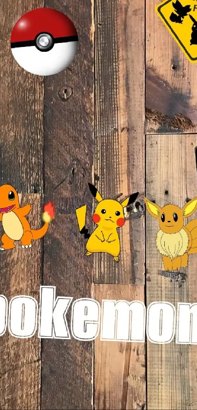 Pokemon wallpaper with Pikachu, Charmander, and Eevee on wooden background.