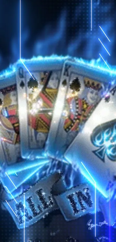 Neon glowing poker cards with a dark blue background.