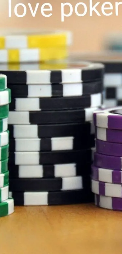 Colorful poker chips stacked with 'I love poker' text