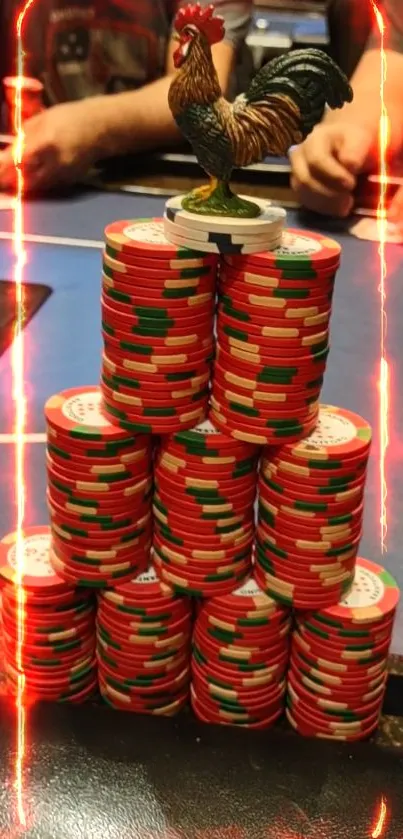 Poker chips stacked with rooster figurine in vibrant design.