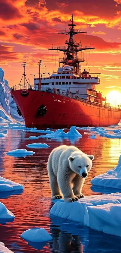 Red icebreaker and polar bear in Arctic sunset.