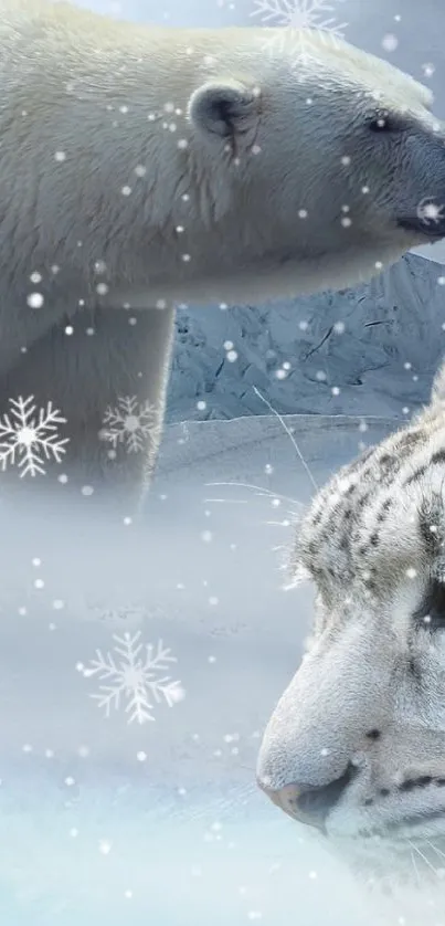 Polar bear and snow leopard in snowy landscape wallpaper.