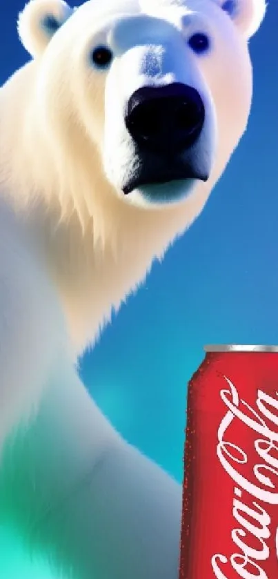 Polar bear with Coca-Cola can on mobile wallpaper.