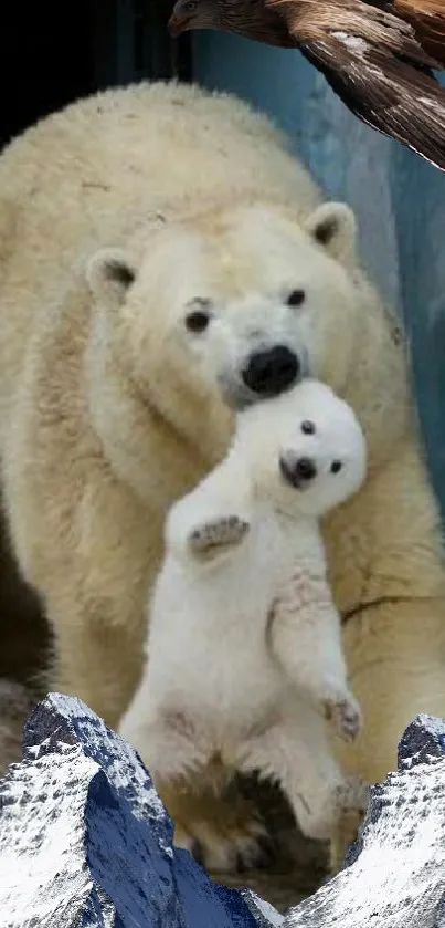 Polar bear carrying cub with snowy peaks and eagle.