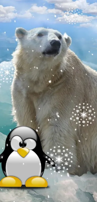 Polar bear with penguin in snowy, icy scene.