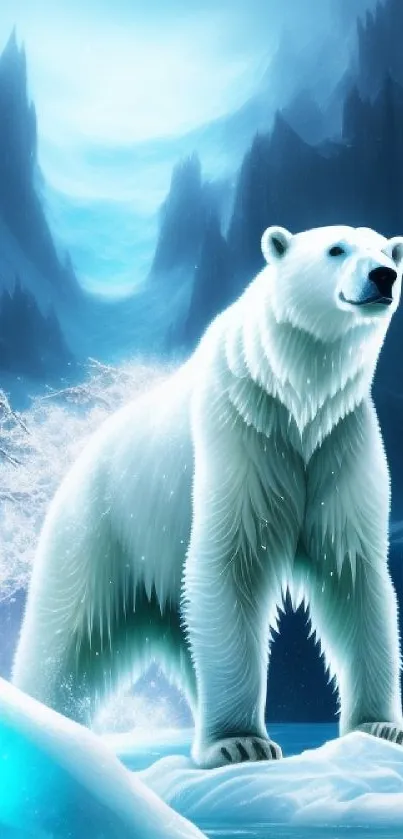 Polar bear standing on icy terrain in serene Arctic setting.